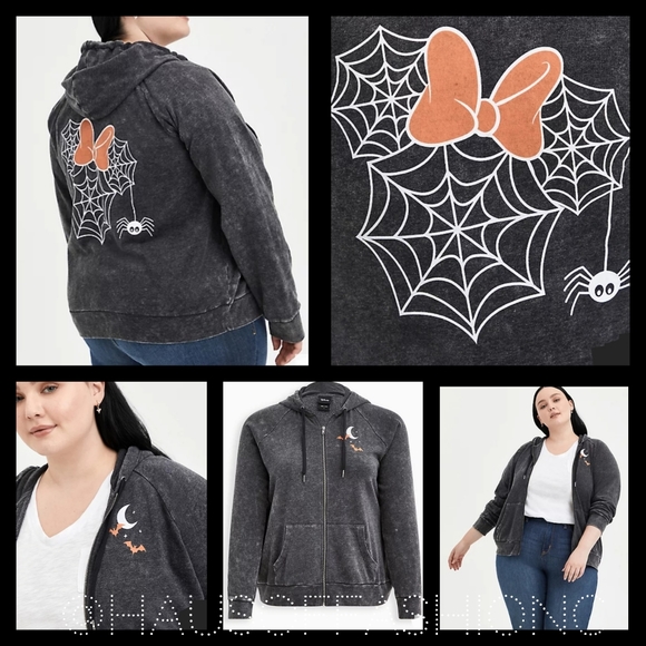 TORRID DISNEY Minnie Mouse Spider Web Head Mineral Wash Hoodie! 🎃 🕸 - Picture 2 of 9